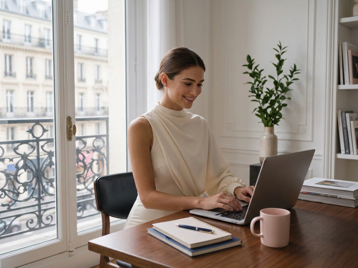 A Noblettica student wearing an elegant cream jumpsuit while working on her laptop in Paris