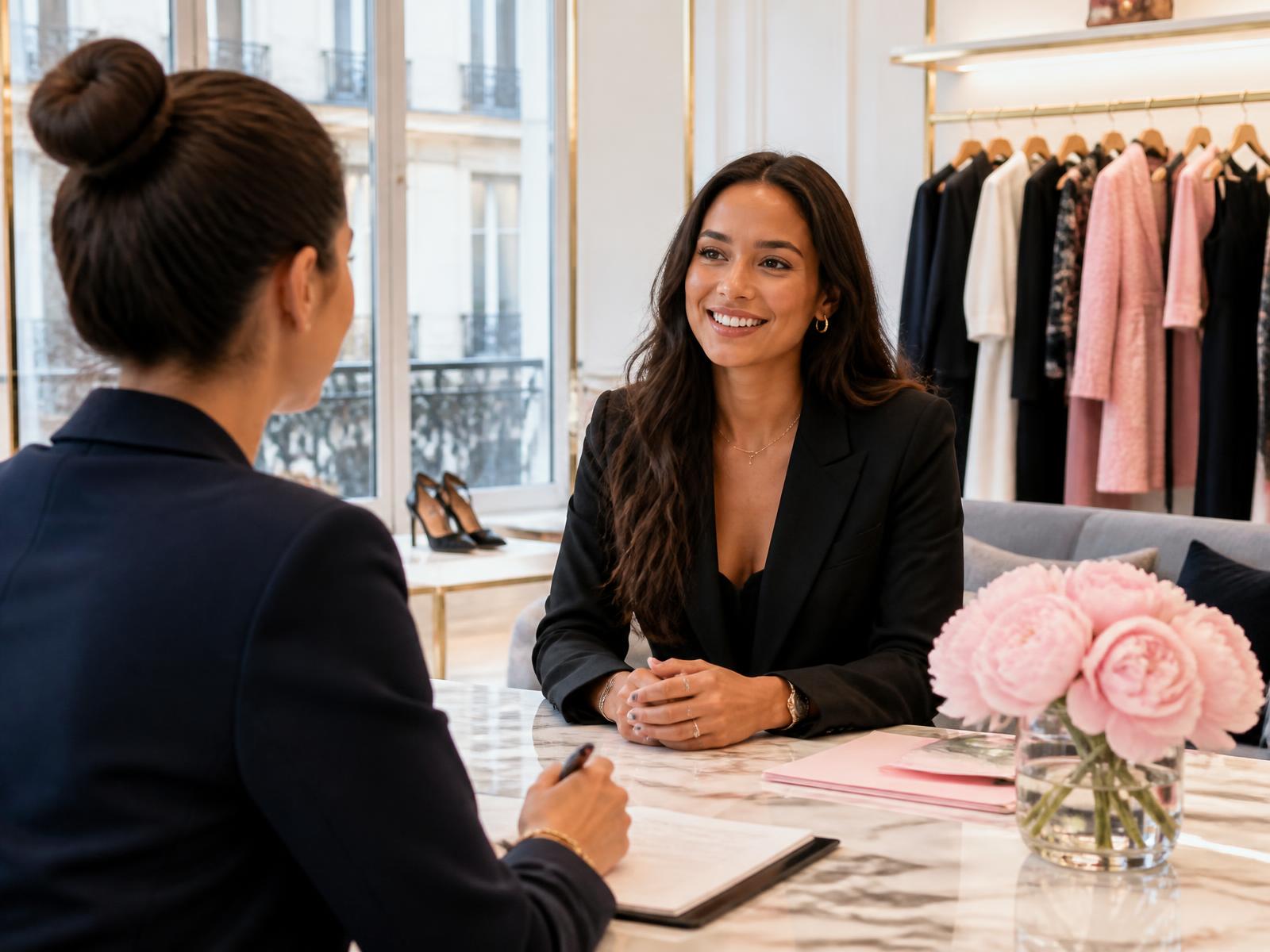 A warm admissions conversation in a bright Parisian luxury showroom