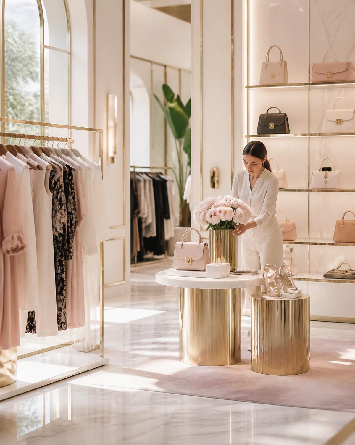 Interior of a luxury fashion boutique with brass fixtures and curated displays