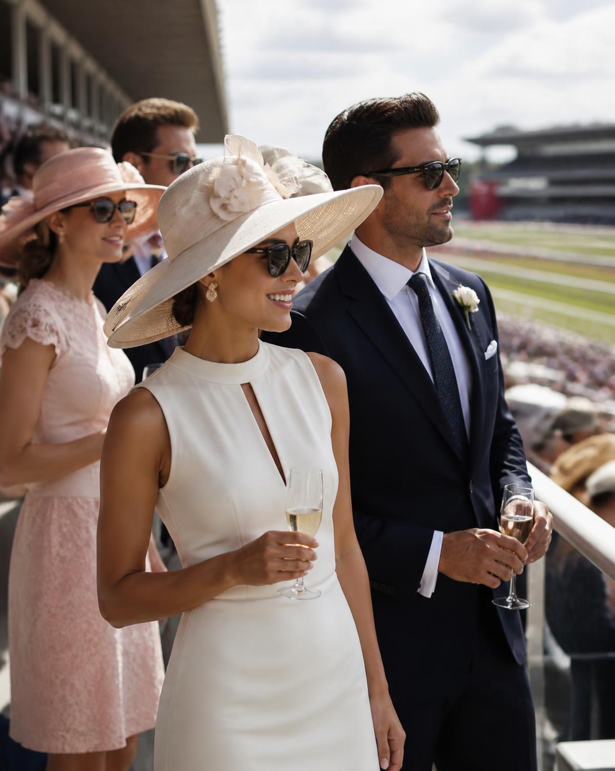 Elegant guests at a racecourse, women in wide-brimmed hats and men in tailored suits