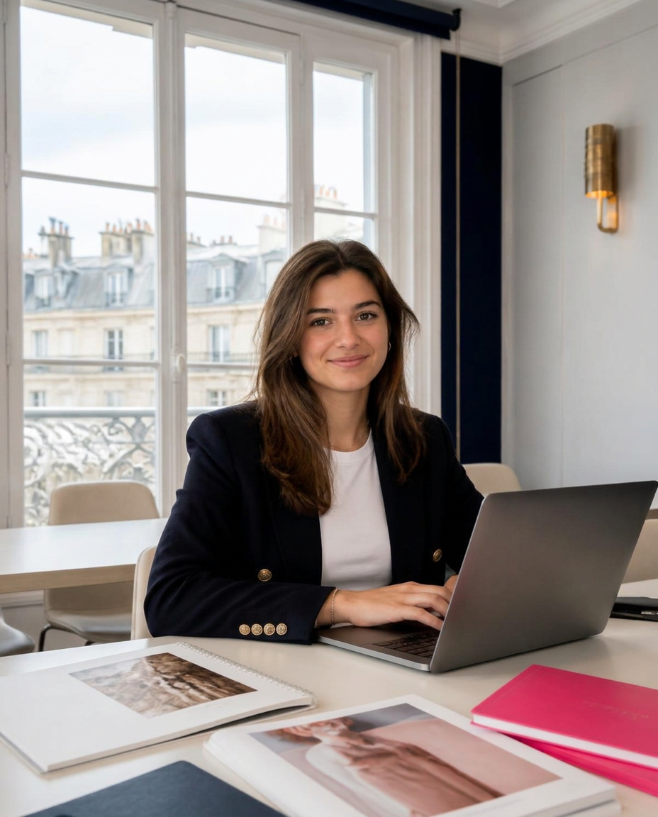 A confident Noblettica student working on her laptop in a Paris classroom